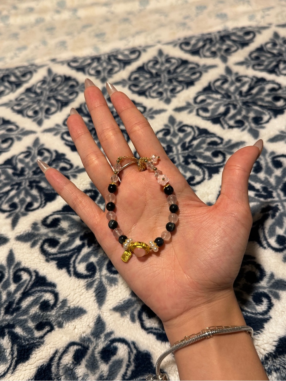 Gold and Black Beaded Charm Bracelet - Women Jewelry